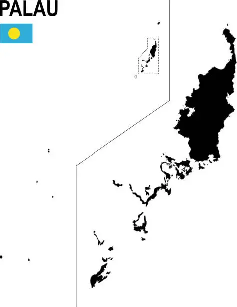 Vector illustration of Black basic map of Palau with flag against white background