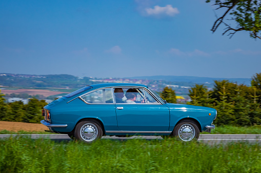 Sielmingen, Germany - May 1, 2019: Fiat 850 italian oldtimer car at the 15. Sielminger Oldtimerfest event.