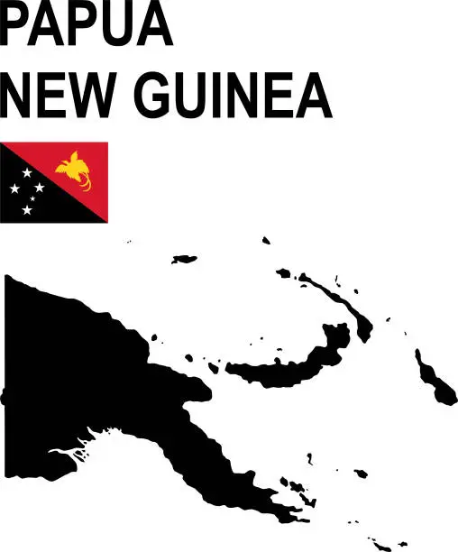 Vector illustration of Black basic map of Papua New Guinea with flag against white background