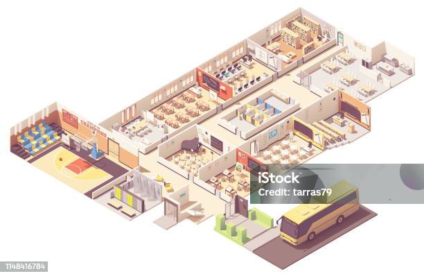 Vector Isometric School Building Crosssection Stock Illustration - Download Image Now - School Building, Isometric Projection, Education