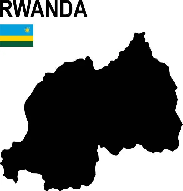 Vector illustration of Black basic map of Rwanda with flag against white background