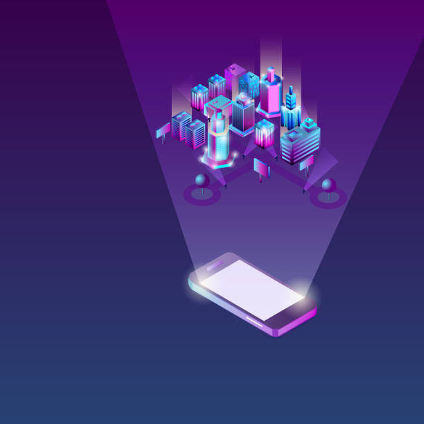 istock Isometric 3d city in neon ultraviolet colors. Neon buildings, architecture flying above mobile screen. 3d map of isometry city for business design concept. Vector. 1148416992