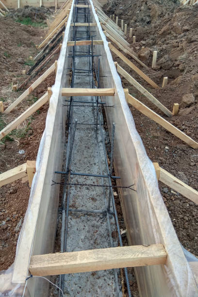 istock Wooden formwork concrete strip foundation for a cottage 1148417186