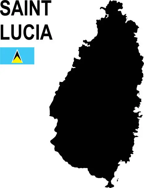 Vector illustration of Black basic map of Saint Lucia with flag against white background