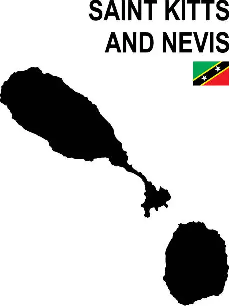 Vector illustration of Black basic map of Saint Kitts and Nevis with flag against white background