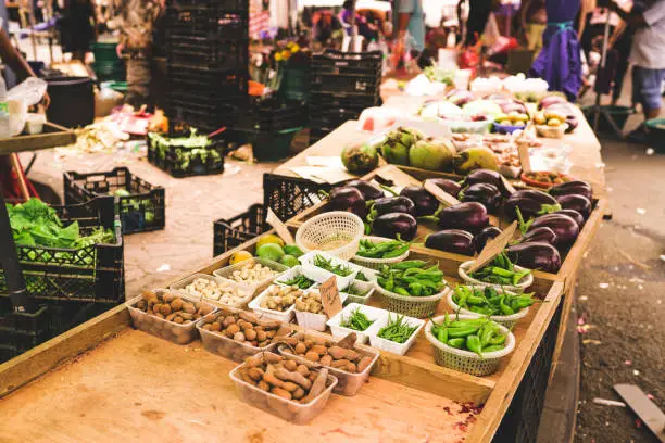 sales of fruits and vegetables on fairground market of saint-pierre, reunion island