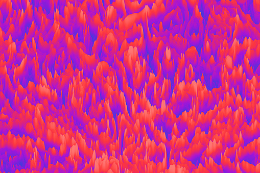Optical Illusion Abstract. Icicles - Mountains, Stalactite - Stalagmite. Neon Colorful Background Ombre Bright Coral Orange Purple Blue Violet Texture Multi Colored Silhouette Rock Pattern Computer Graphic Fractal Fine Art