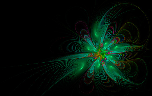 Abstract fractal green glowing flower on black background for design. Fantasy element