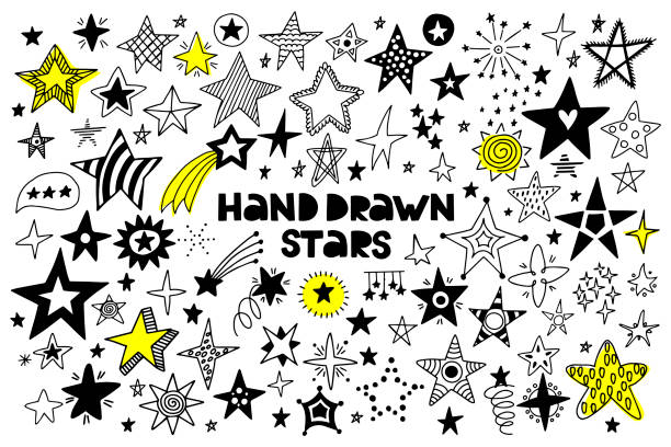 illustrations, cliparts, dessins animés et icônes de grand ensemble d’étoiles dessinées à la main sur un fond blanc. - dessiner illustrations