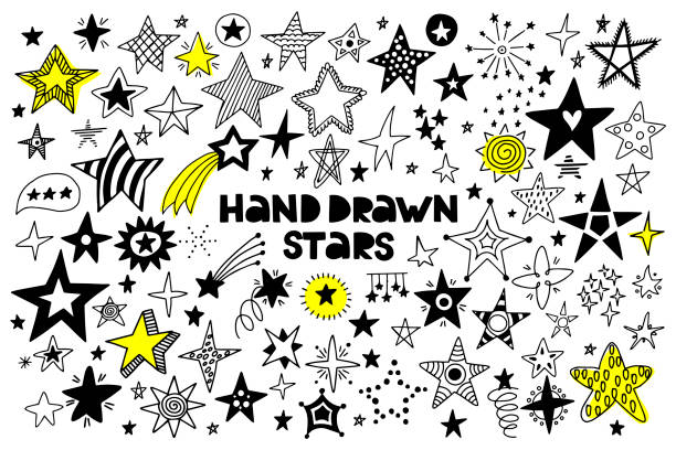 illustrazioni stock, clip art, cartoni animati e icone di tendenza di grande set di stelle disegnate a mano su sfondo bianco. - black pencil immagine