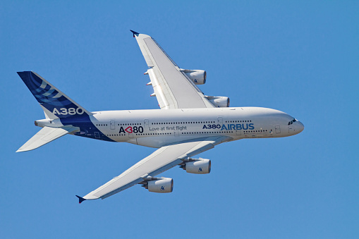 Moscow, Russia - August, 19 2011: Airbus test A380 flying at MAKS airshow