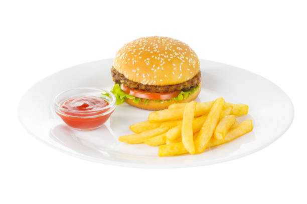Burger with cutlet and fries isolated white stock photo