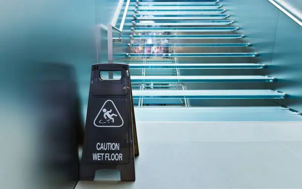 Wet floor caution sign near the glass staircase.