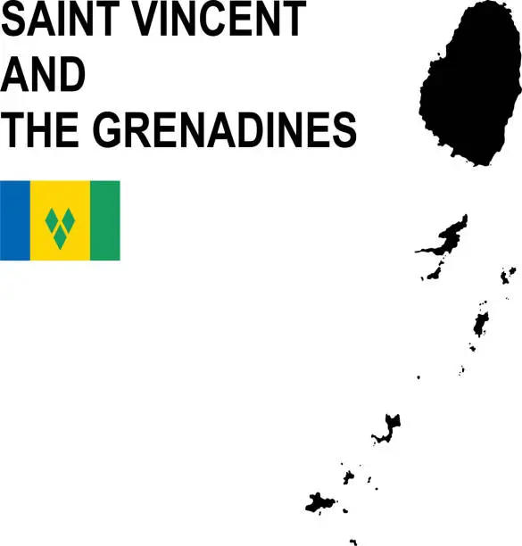 Vector illustration of Black basic map of Saint Vincent and the Grenadines with flag against white background