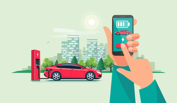 Hand with Smartphone and Charging App with Electric Car Recharging Batteries Modern vector illustration of autonomous smart electric car charging at charger station controlled via smartphone charging app. Hands holding phone with smart battery charge application. City skyline. cartoon of the mobile phone charger stock illustrations