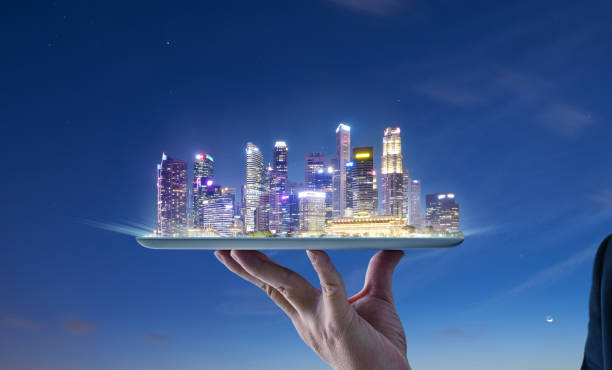 istock Waiter hand holding an digital tablet with Smart city 1148425630