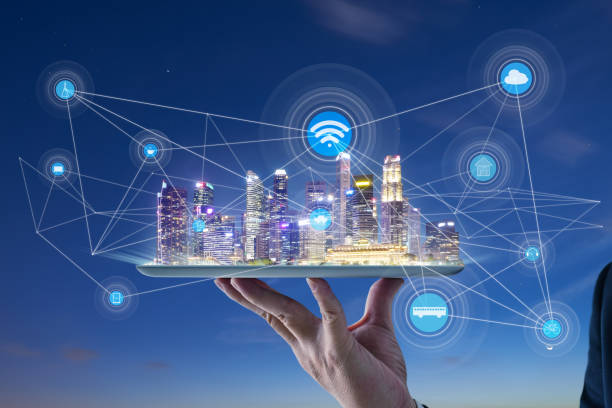 istock Waiter hand holding an digital tablet with Smart city 1148425660