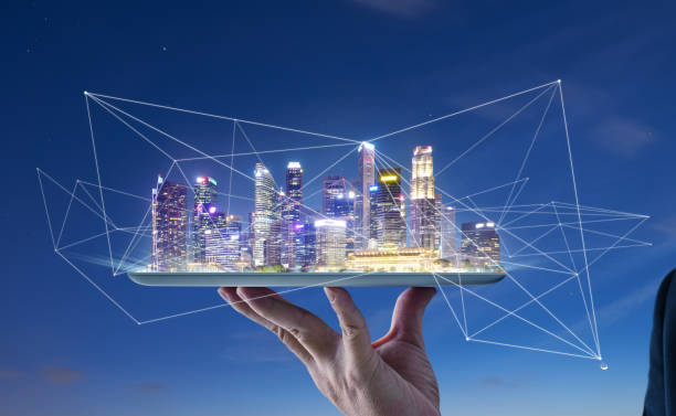 istock Waiter hand holding an digital tablet with Smart city 1148425671