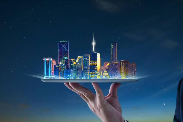 istock Waiter hand holding an digital tablet with Smart city 1148425686