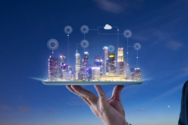 istock Waiter hand holding an digital tablet with Smart city 1148426225