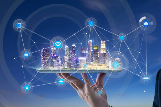 istock Waiter hand holding an digital tablet with Smart city 1148426368