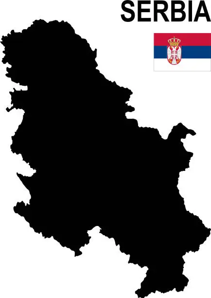 Vector illustration of Black basic map of Serbia with flag against white background