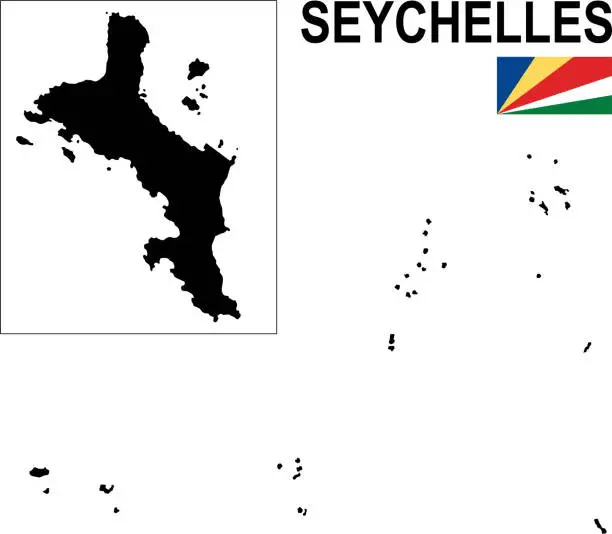 Vector illustration of Black basic map of Seychelles with flag against white background