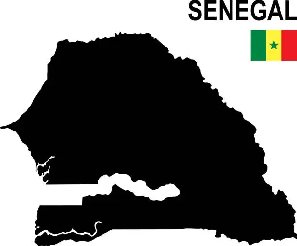 Vector illustration of Black basic map of Senegal with flag against white background