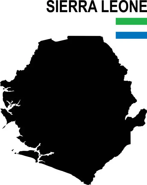 Vector illustration of Black basic map of Sierra Leone with flag against white background