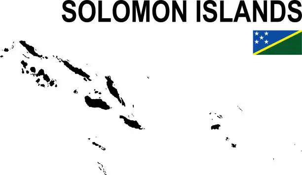 Vector illustration of Black basic map of Solomon Islands with flag against white background