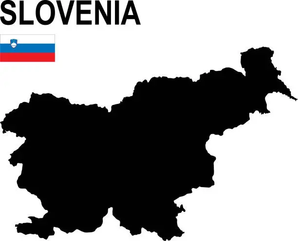 Vector illustration of Black basic map of Slovenia with flag against white background