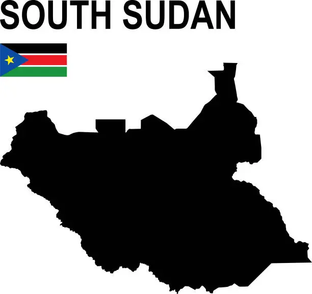 Vector illustration of Black basic map of South Sudan with flag against white background
