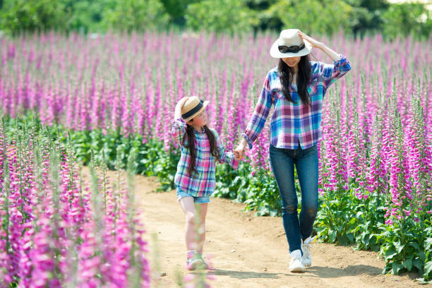 madre e figlia giocano nel campo fiorito - lui e lei foto e immagini stock