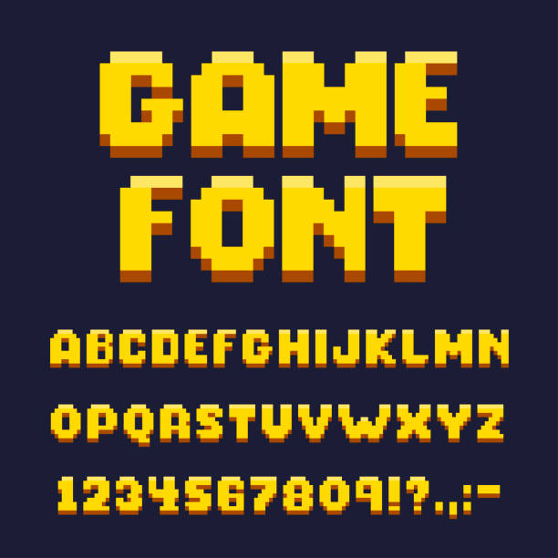 пиксель игры набор шрифтов, текст и типографские элементы - binary code three dimensional shape symbol sign stock illustrations