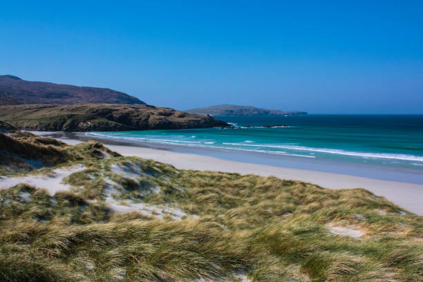 Aquamarine ocean and white sandy beaches of Barra, Scotland stock photo