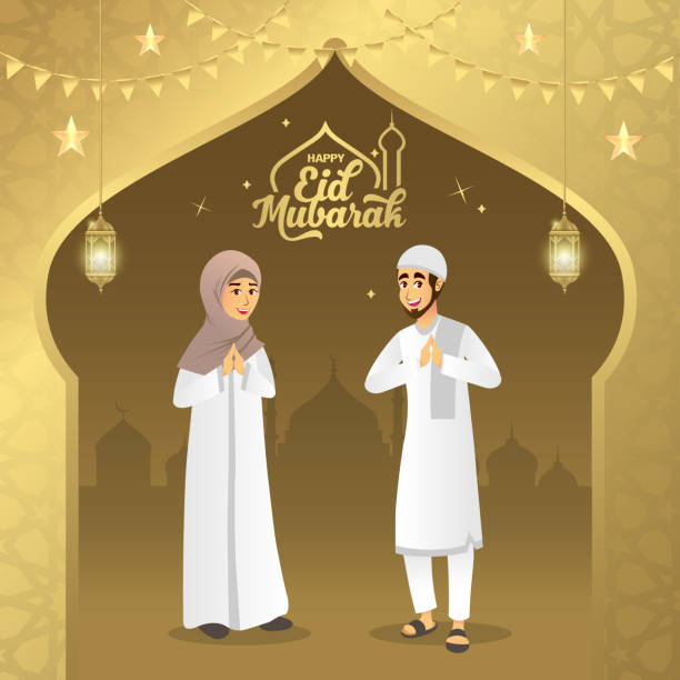 Eid mubarak greeting card. Cartoon muslim couple blessing Eid al fitr on gold background. vector illustration Eid, mubarak, greeting, illustration, cartoon hari raya family stock illustrations