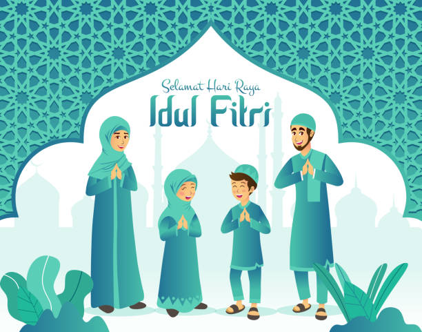 Selamat hari raya Idul Fitri is another language of happy eid mubarak in Indonesian. Cartoon muslim family celebrating Eid al fitr with mosque and arabic frame on background Eid, mubarak, greeting, illustration, cartoon muslim family stock illustrations