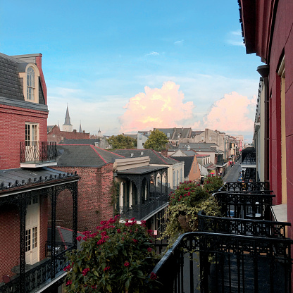 High angle view of New Orleans' French Quarter as seen along Toulouse Street looking towards the Mississippi River