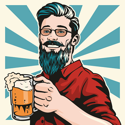 Retro style pop art illustration of a handsome young hipster man standing with a big glass of lovely beer in his hand. Cheers!