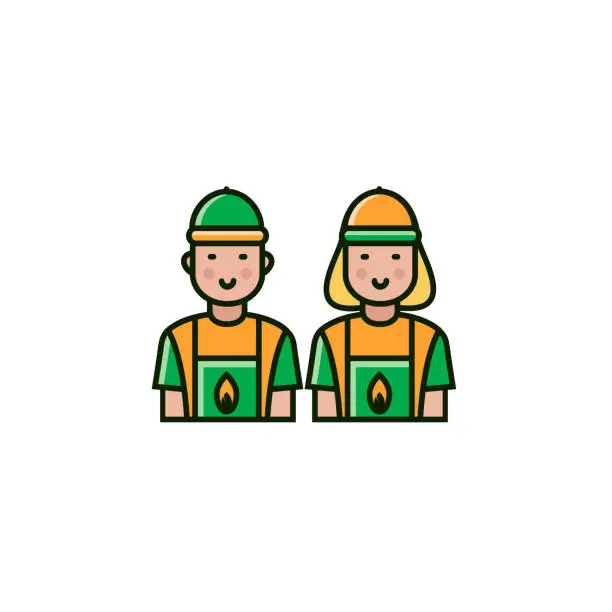 Vector illustration of Male and female gas station attendants, gas jockeys, petrol butlers flat color line icons. Fuel, gas or petrol service workers in outline design.