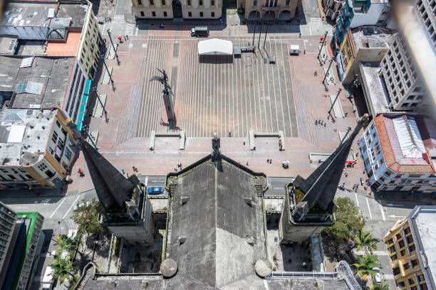 Looking down on Our Lady of Rosary cathedral in the center of Manizales, Colombia