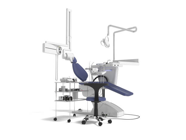 istock Dental blue chair with lighting and functionality for dental treatment 3d render on  white background with shadow 1148448834
