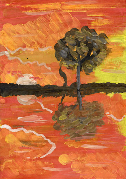 istock orange yellow sunset sky clouds black tree water reflection gouache painting 1148450185