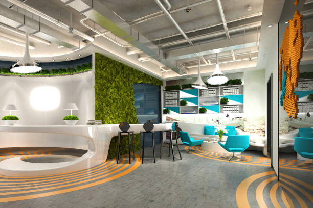 近代的なオフィスと作業スペースの3dレンダリング - スタイリッシュ ストックフォトと画像
