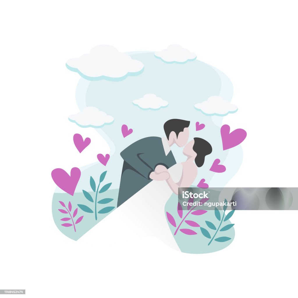 Happy Couple In Love With Cute Cartoon Drawing Wearing Wedding Dress  Romantic Character Kissing Vector Illustration Stock Illustration -  Download Image Now - iStock