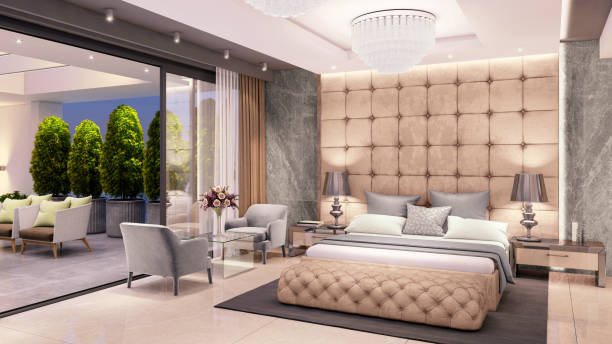 Luxury bedroom interior with large terrace Luxury hotel like bedroom interior with large bed, seat, and terrace. expensive marble wall and decorative ceiling. copy space render Hotel curtains Dubai  stock pictures, royalty-free photos & images