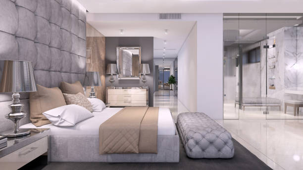 Luxury open plan bedroom interior with bathroom with glass wall Luxury hotel like bedroom interior with large bed, seat, and terrace. expensive marble wall and large bathroom with glass wall. copy space render Hotel curtains Dubai  stock pictures, royalty-free photos & images