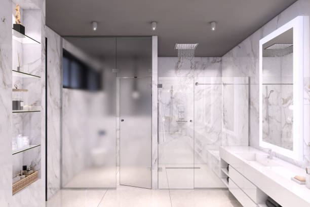 istock Luxury bathroom interior with glass door 1148452754