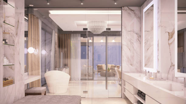 istock Luxury bathroom interior with glass door 1148452757