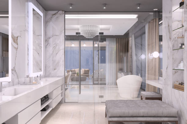 istock Luxury bathroom interior with glass door 1148452760